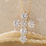 18K Yollow Gold Round Lab Diamond 6-Stone Cross Pendant Necklace