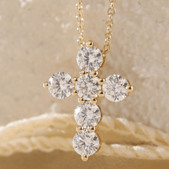 18K Yollow Gold Round Lab Diamond 6-Stone Cross Pendant Necklace