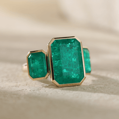 14K Yellow Gold 10.5 ct tw Emerald Cut Colombian Lab Emerald Bezel Setting Three-stone Ring