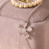 14K White Gold 5-Flower Station Necklace with Round and Baguette Cut Lab Diamonds
