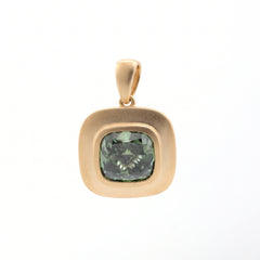 14K Yellow Gold 2.33CT Green Square Cushion Cut Diamond Bezel Set Pendant