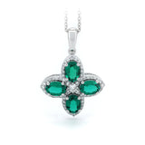 Platinum Oval Cut Lab Colombian Emerald Four-leaf Clover Lab Diamond Halo Necklace