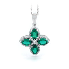 Platinum Oval Cut Lab Colombian Emerald Four-leaf Clover Lab Diamond Halo Necklace