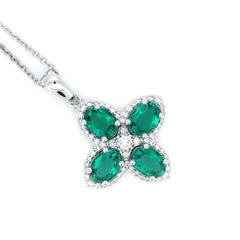Platinum Oval Cut Lab Colombian Emerald Four-leaf Clover Lab Diamond Halo Necklace