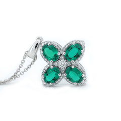 Platinum Oval Cut Lab Colombian Emerald Four-leaf Clover Lab Diamond Halo Necklace