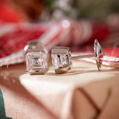 Asscher Lab Diamond Half Bezel Basket Setting Stud Earrings - MMR