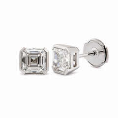 Asscher Lab Diamond Half Bezel Basket Setting Stud Earrings - MMR