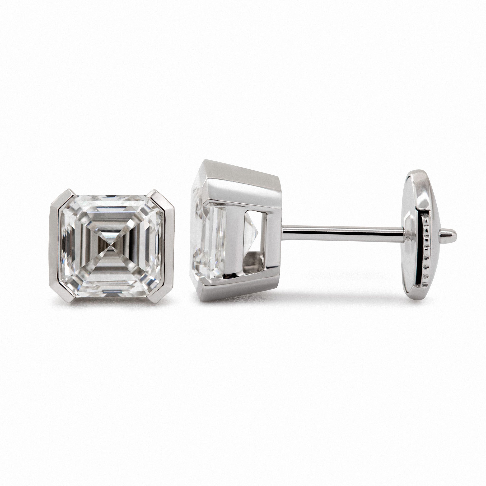Asscher Lab Diamond Half Bezel Basket Setting Stud Earrings - MMR