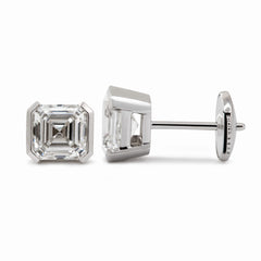 Asscher Lab Diamond Half Bezel Basket Setting Stud Earrings - MMR