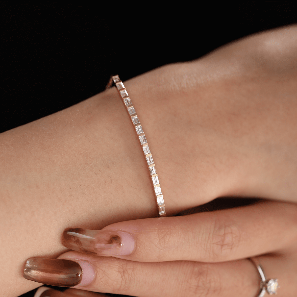 Baguette Cut Lab Diamond Half - Bezel Bangle - to - Chain Bracelet - MMR