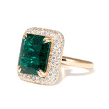 14K Yellow Gold 3.5ct Lab Zambian Emerald Double Claw Prongs Ring with Round Lab Diamond Halo