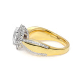 14K White Gold Basket 1ct Round Cut Lab Diamond Halo Ring in a Tapered Yellow Gold Band Design