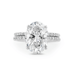 Oval Cut Lab Diamond 4 - Claw Hidden Halo Cathedral Bridal Set — Engagement Ring with U - Shaped Pavé Eternity Band - MMR