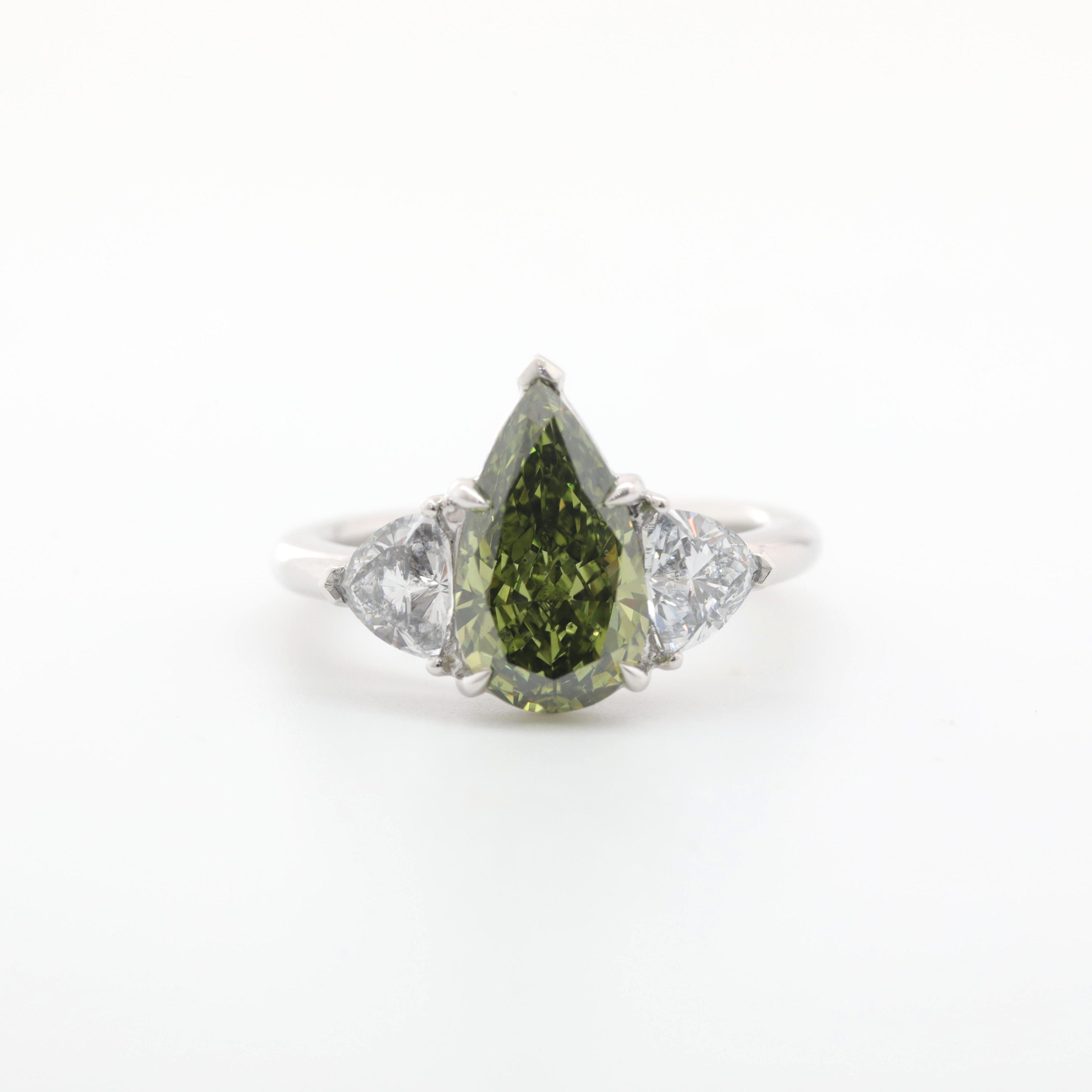 Platinum 3.01ct Pear Green Lab Diamond Three Stone Ring - MMR