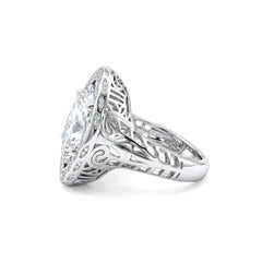 Platinum 3.41CT Elongated Oval Old Mine Cut Lab Diamond Artique Style Filigree Carved Ring - MMR