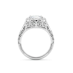 Platinum 3.41CT Elongated Oval Old Mine Cut Lab Diamond Artique Style Filigree Carved Ring - MMR
