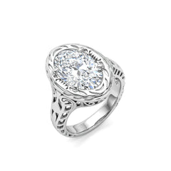 Platinum 3.41CT Elongated Oval Old Mine Cut Lab Diamond Artique Style Filigree Carved Ring - MMR