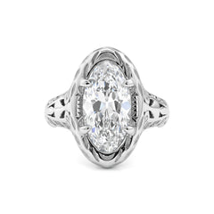 Platinum 3.41CT Elongated Oval Old Mine Cut Lab Diamond Artique Style Filigree Carved Ring - MMR