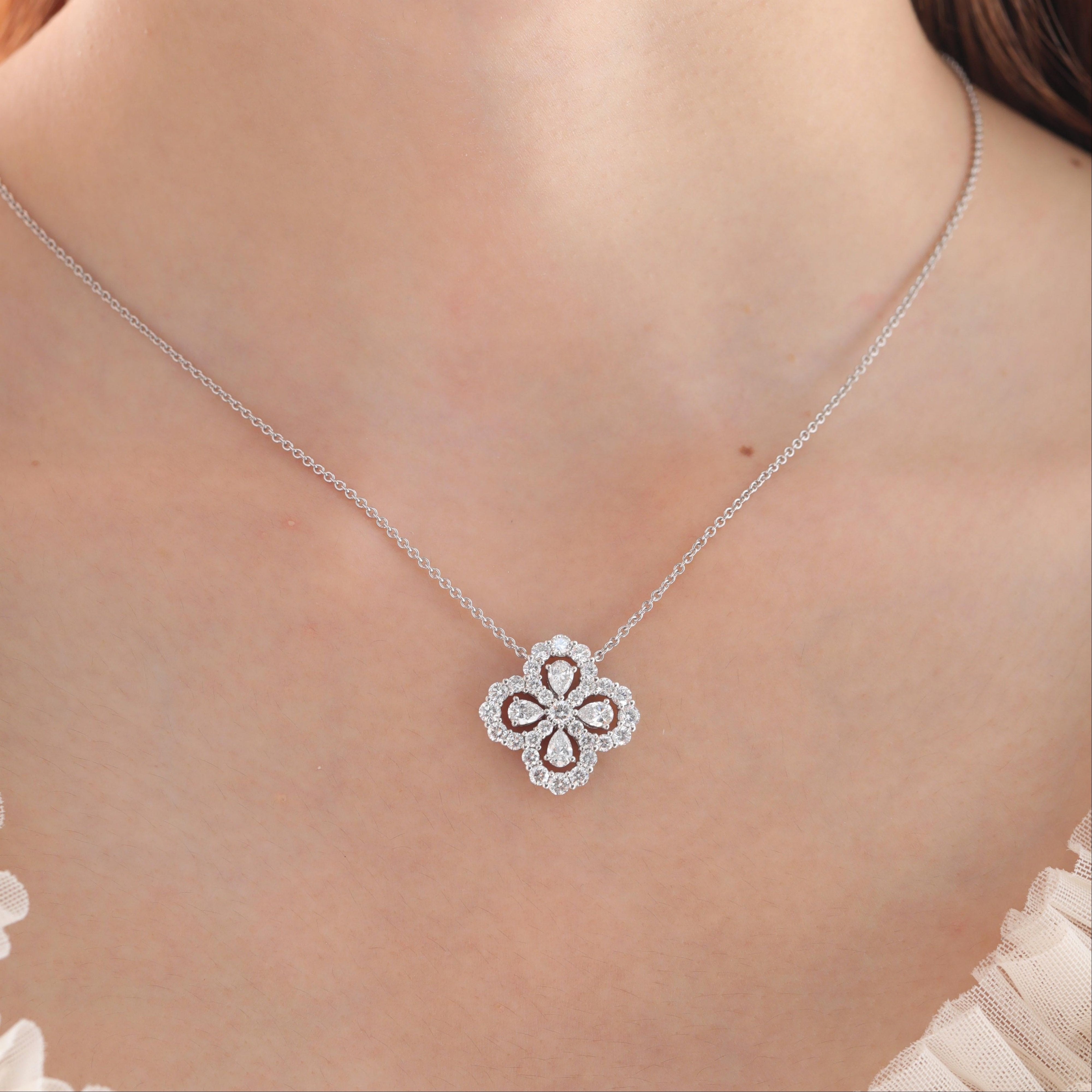 Platinum Pear and Round Lab Diamond Floral Pendant Necklace with 18 Inches Chain - MMR