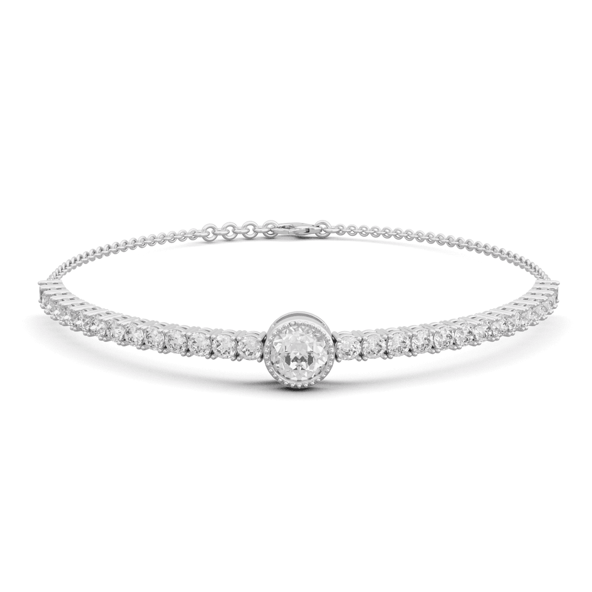 Round Lab Diamond Adjustable Chain Bracelet with a 6mm Millegrain Bezel - Set Center Stone - MMR
