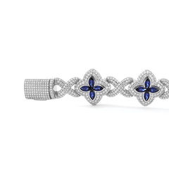 Round Lab Diamond Bracelet with Pear - Shaped Lab Sapphire — Art Nouveau "Eternal Fleur" Blue Design - MMR