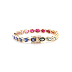 Special Offer: 10K Yellow Gold 6*4mm Brilliant Cut Rainbow Color Lab Sapphire Bezel Tennis Bracelet (6.25") - MMR