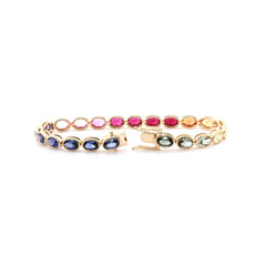 Special Offer: 10K Yellow Gold 6*4mm Brilliant Cut Rainbow Color Lab Sapphire Bezel Tennis Bracelet (6.25") - MMR