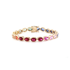 Special Offer: 10K Yellow Gold 6*4mm Brilliant Cut Rainbow Color Lab Sapphire Bezel Tennis Bracelet (6.25") - MMR