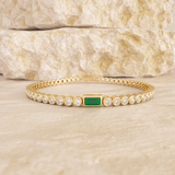 14K Yellow Gold Round Lab Diamond Bezel Setting Tennis Bracelet with A Baguette Cut Lab Emerald  Center Stone