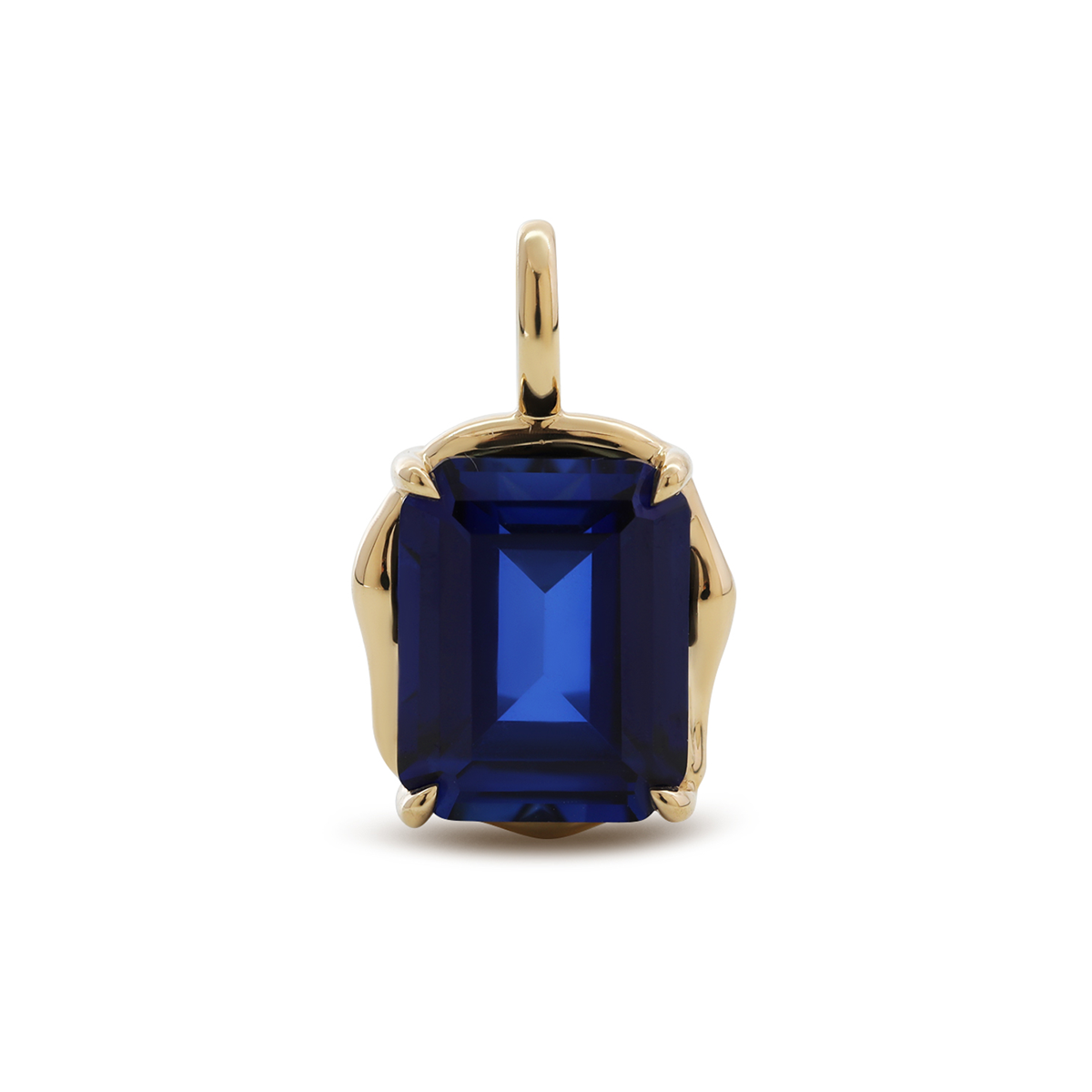 14K Yellow Gold 4.5ct Emerald Cut Lab Sappire Freeform Base Pendant Necklace