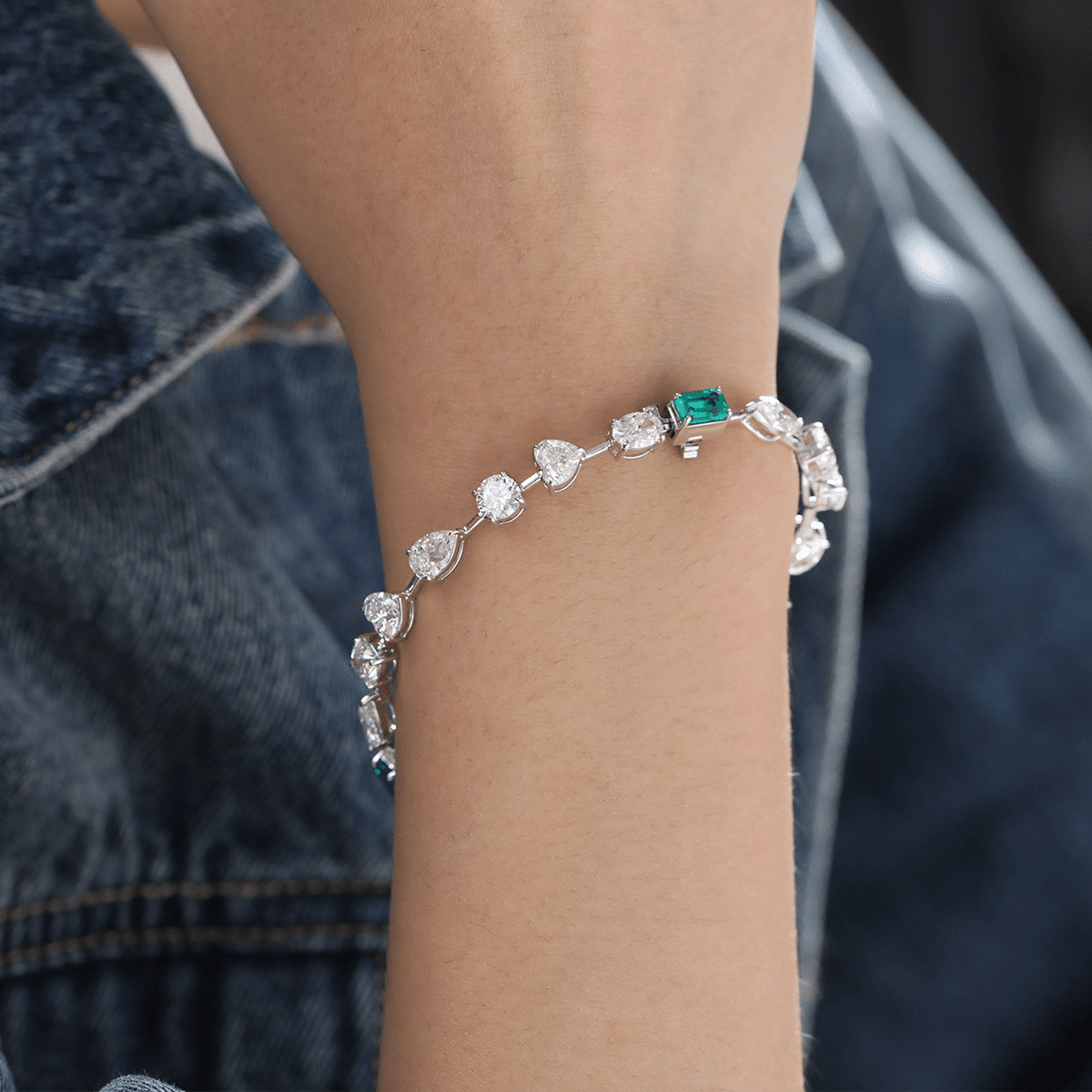 10 CT TW Lab Diamond & Lab Emerald Tennis Bracelet with Six Shapes - MMR
