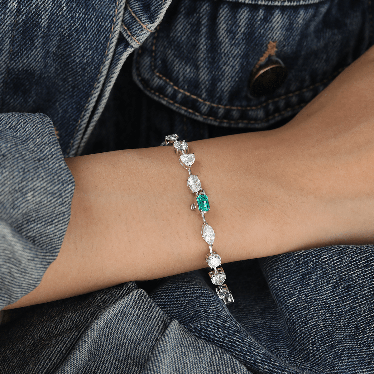 10 CT TW Lab Diamond & Lab Emerald Tennis Bracelet with Six Shapes - MMR
