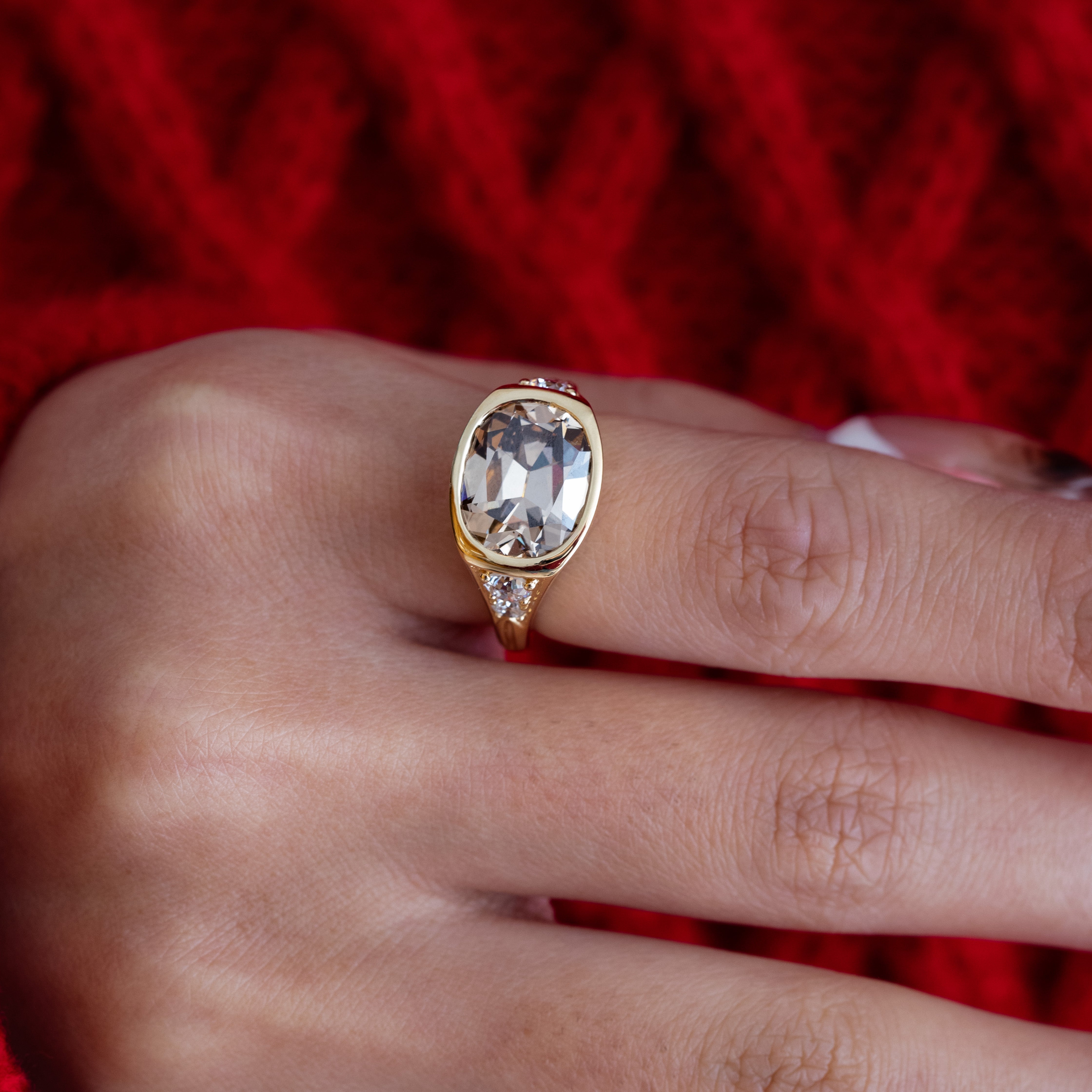 18K Yellow Gold Vintage Ring with 4.51ct Elongated Old Mine Cut Brown Lab Diamond and Old European Side Stones