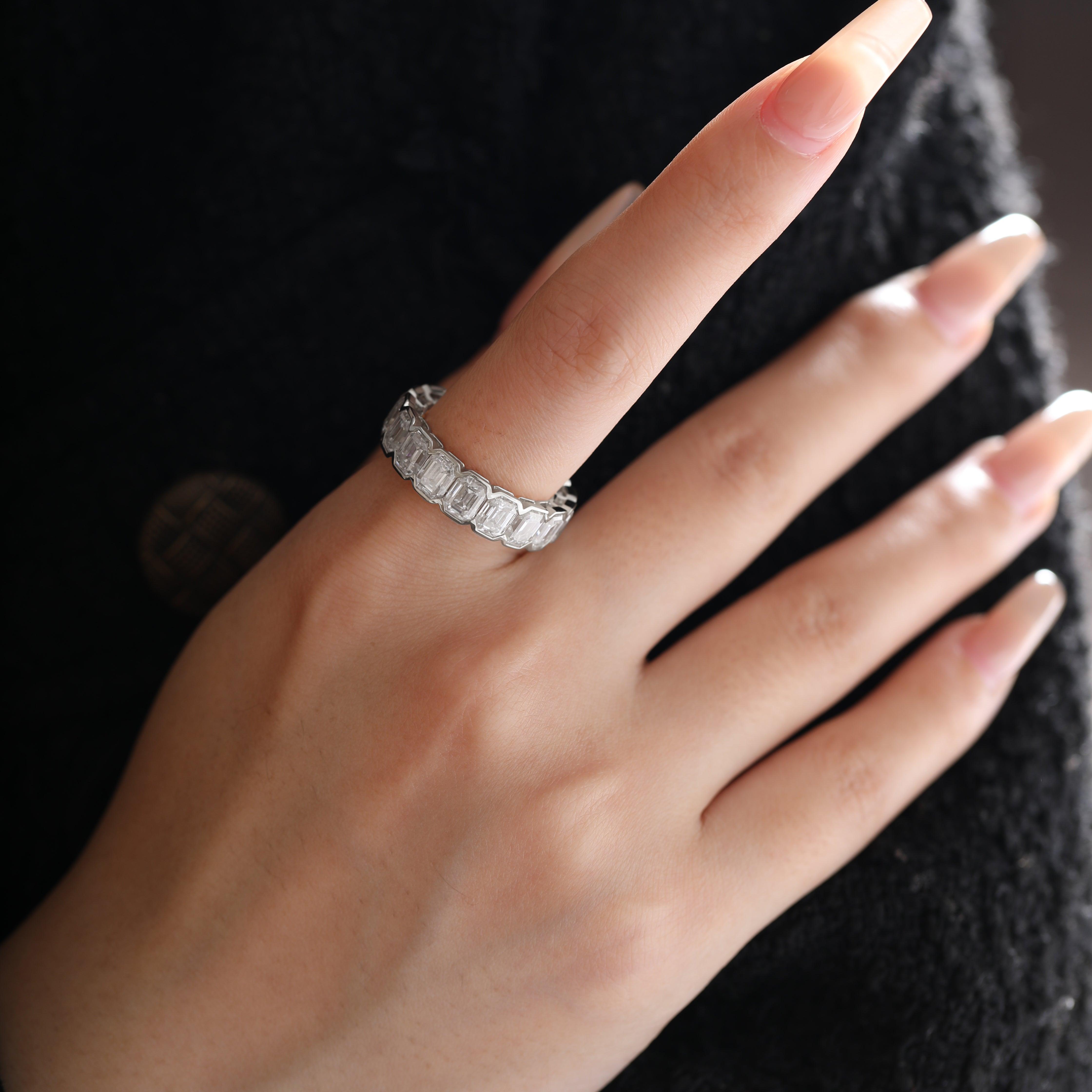 14K Yellow Gold Emerald Cut Lab Diamond Half Bezel Eternity Ring 18K White Gold 5*3mm Emerald Cut DEF VVS-VS