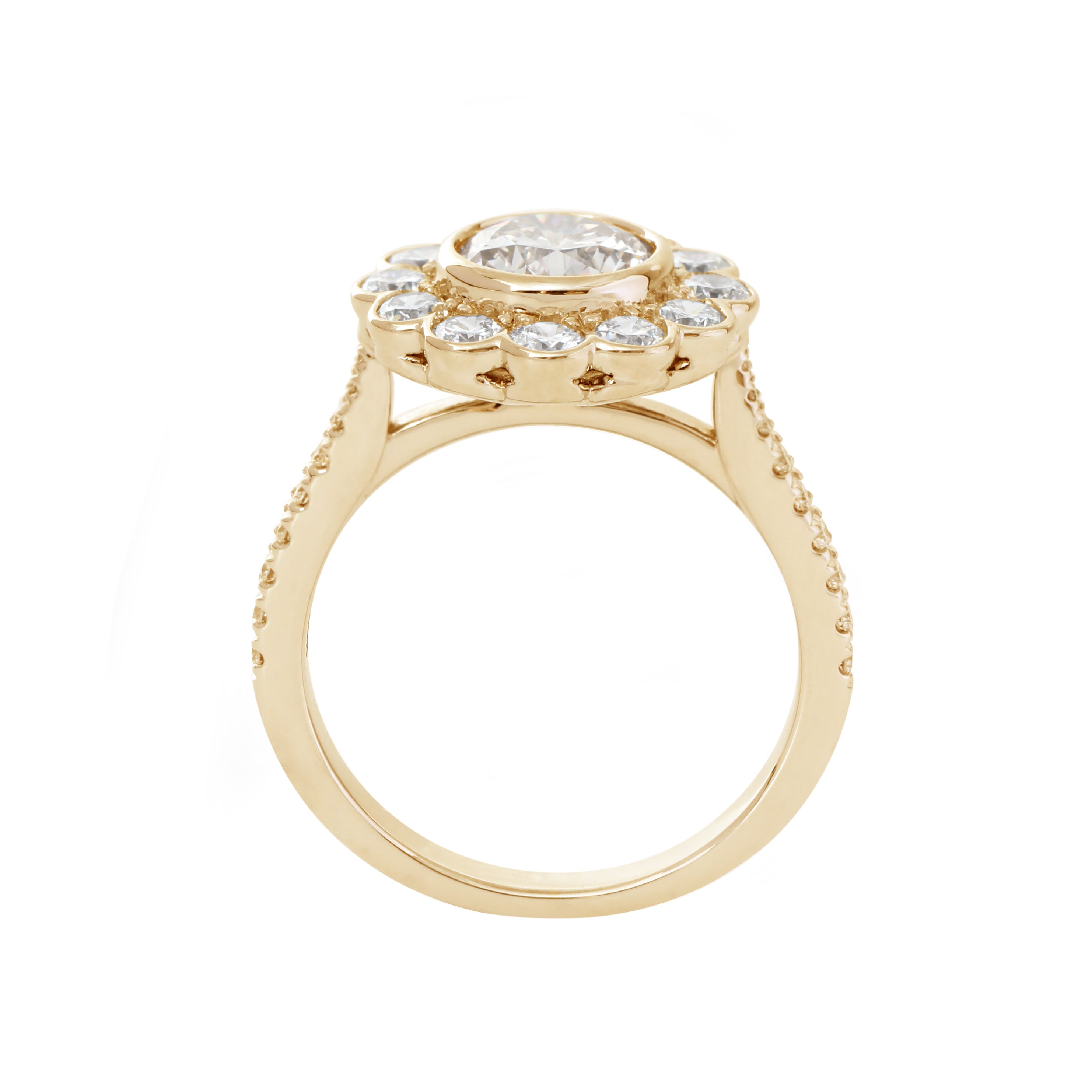 14K White Gold 1.5ct Round Cut Lab Diamond Halo Ring with Tapered Band and Half Circle Pave 14K Yellow Gold 2ct round cut DEF VS