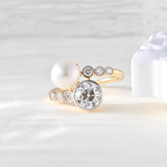 10K Gold Two Tone Design Old European Cut Lab Diamond and Pearl Toi et Moi Ring - MMR