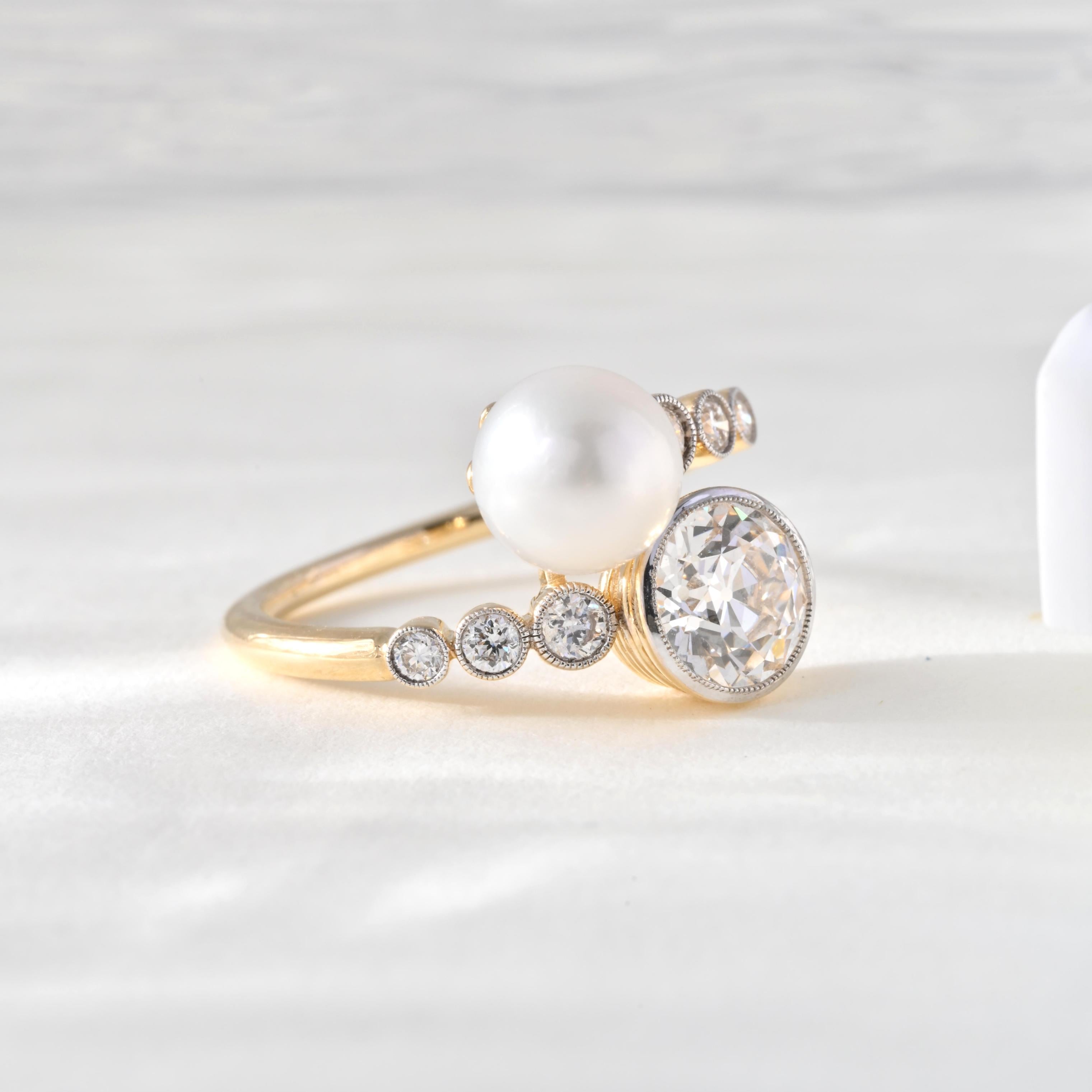 10K Gold Two Tone Design Old European Cut Lab Diamond and Pearl Toi et Moi Ring - MMR