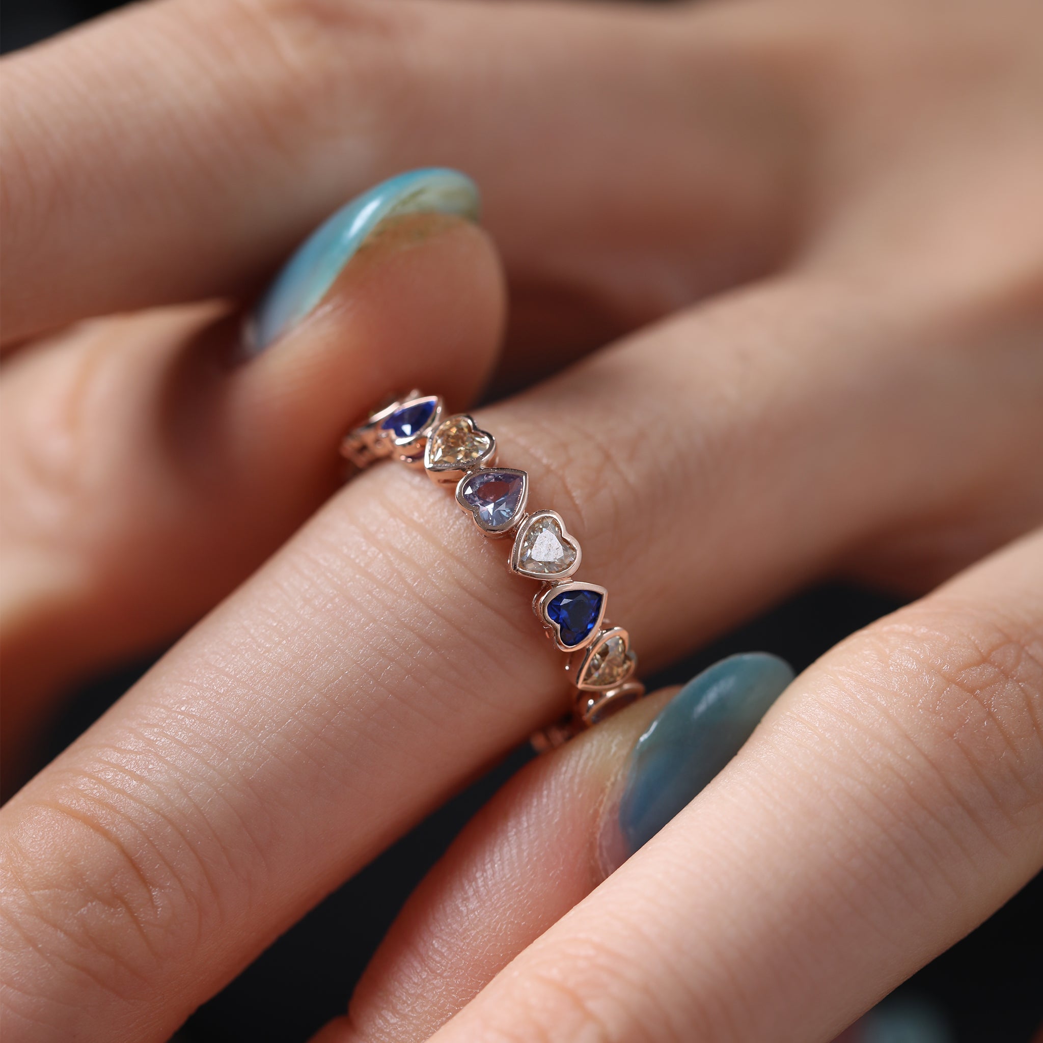 10K Rose Gold 3*3MM Colored Heart Shape Moissanite & Sapphire Bezel Eternity Ring (US6.5 Unresizable) - MMR