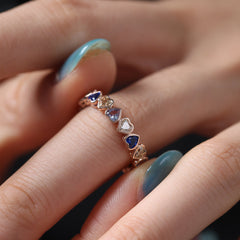 10K Rose Gold 3*3MM Colored Heart Shape Moissanite & Sapphire Bezel Eternity Ring (US6.5 Unresizable) - MMR