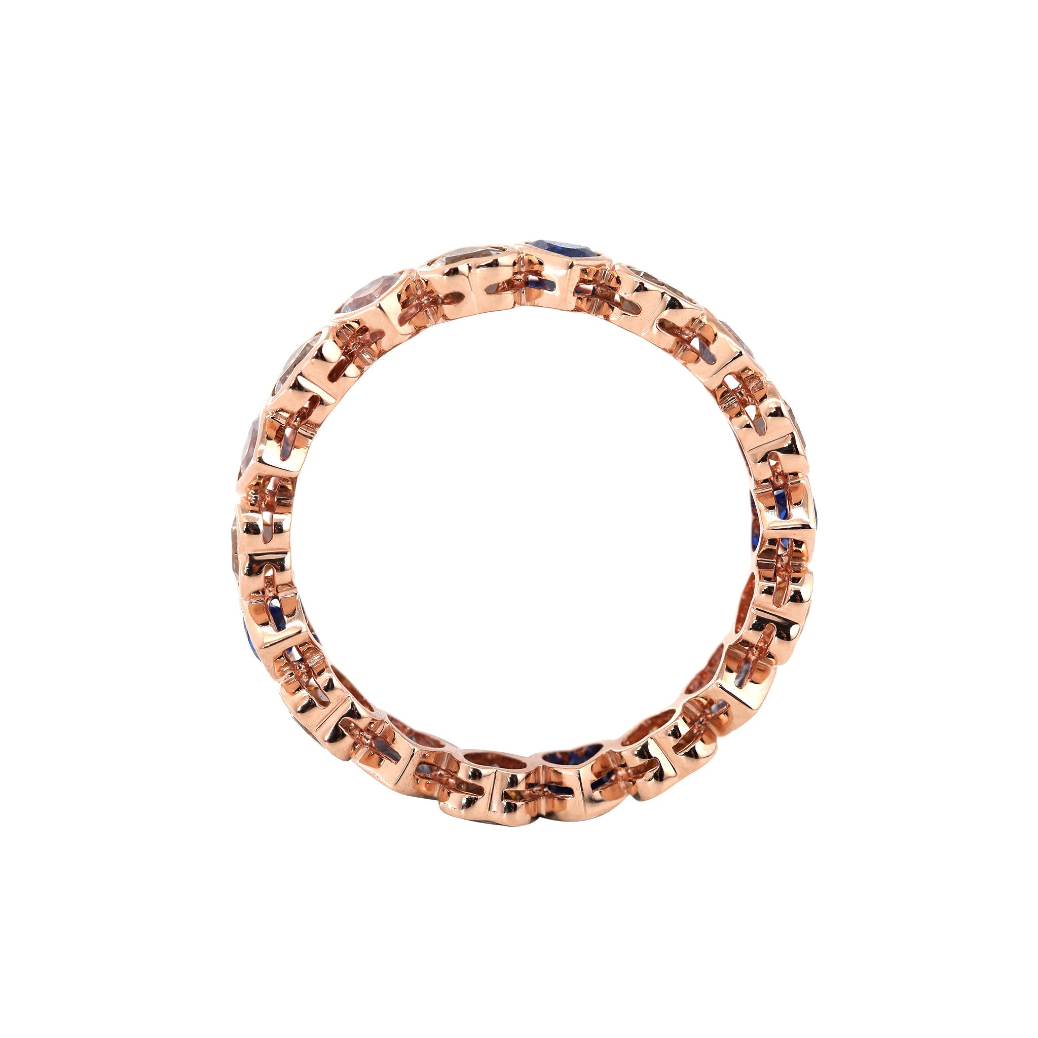 10K Rose Gold 3*3MM Colored Heart Shape Moissanite & Sapphire Bezel Eternity Ring (US6.5 Unresizable) - MMR