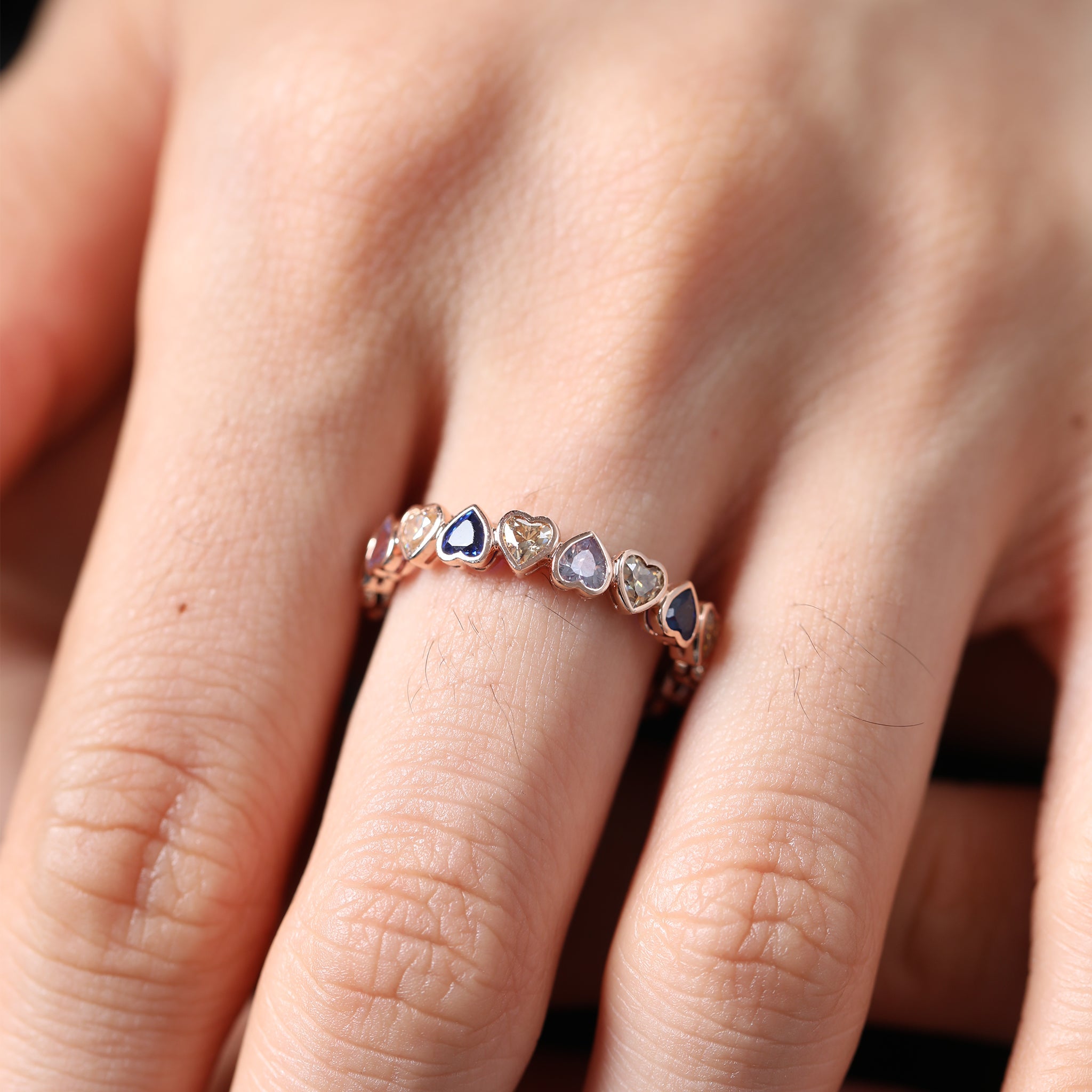 10K Rose Gold 3*3MM Colored Heart Shape Moissanite & Sapphire Bezel Eternity Ring (US6.5 Unresizable) - MMR