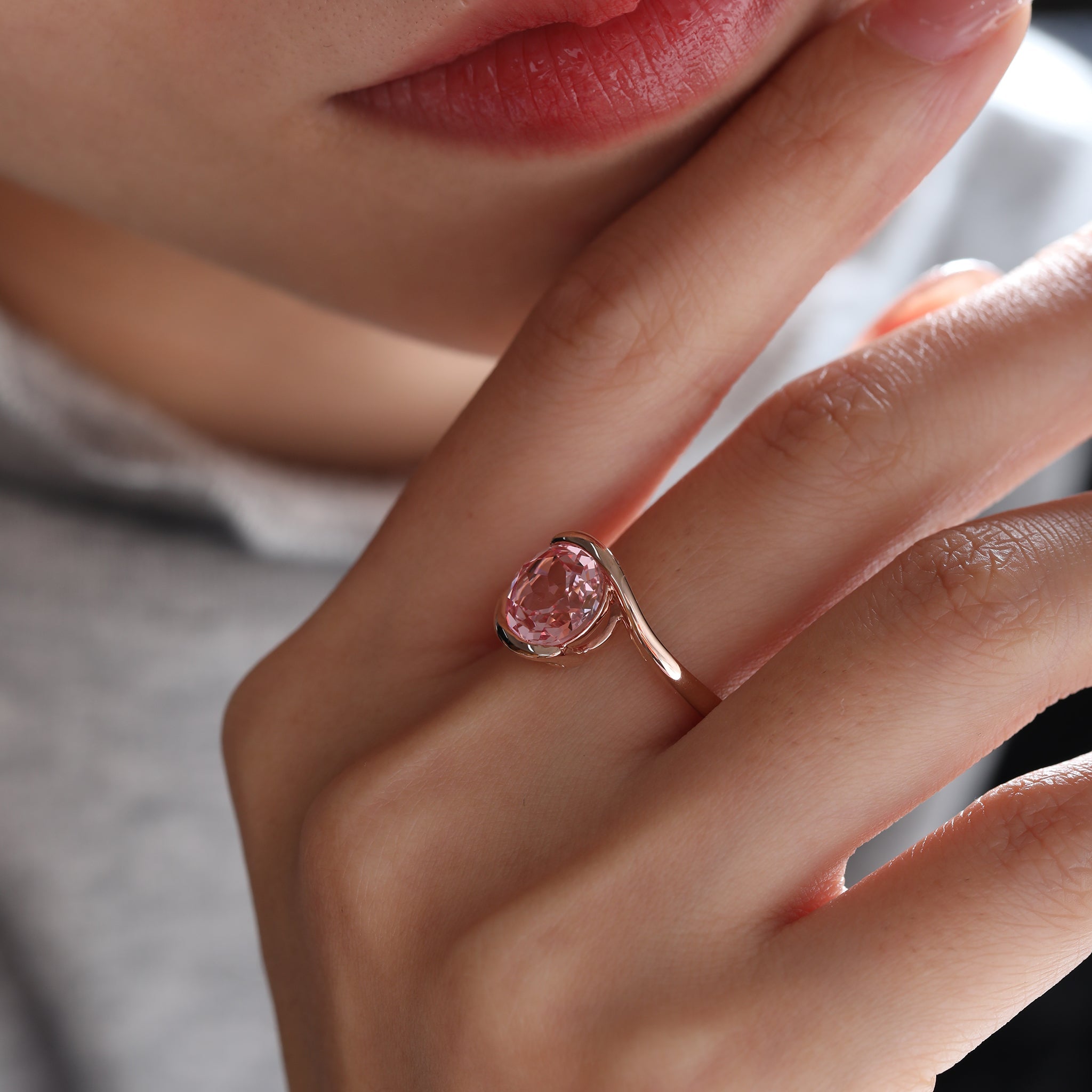 10K Rose Gold 3CT Round Lab Pink Morganite Bypass Design Ring - MMR
