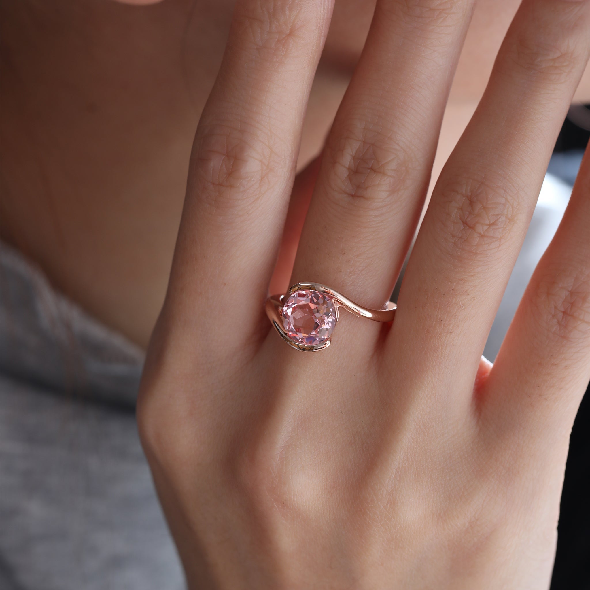 10K Rose Gold 3CT Round Lab Pink Morganite Bypass Design Ring - MMR