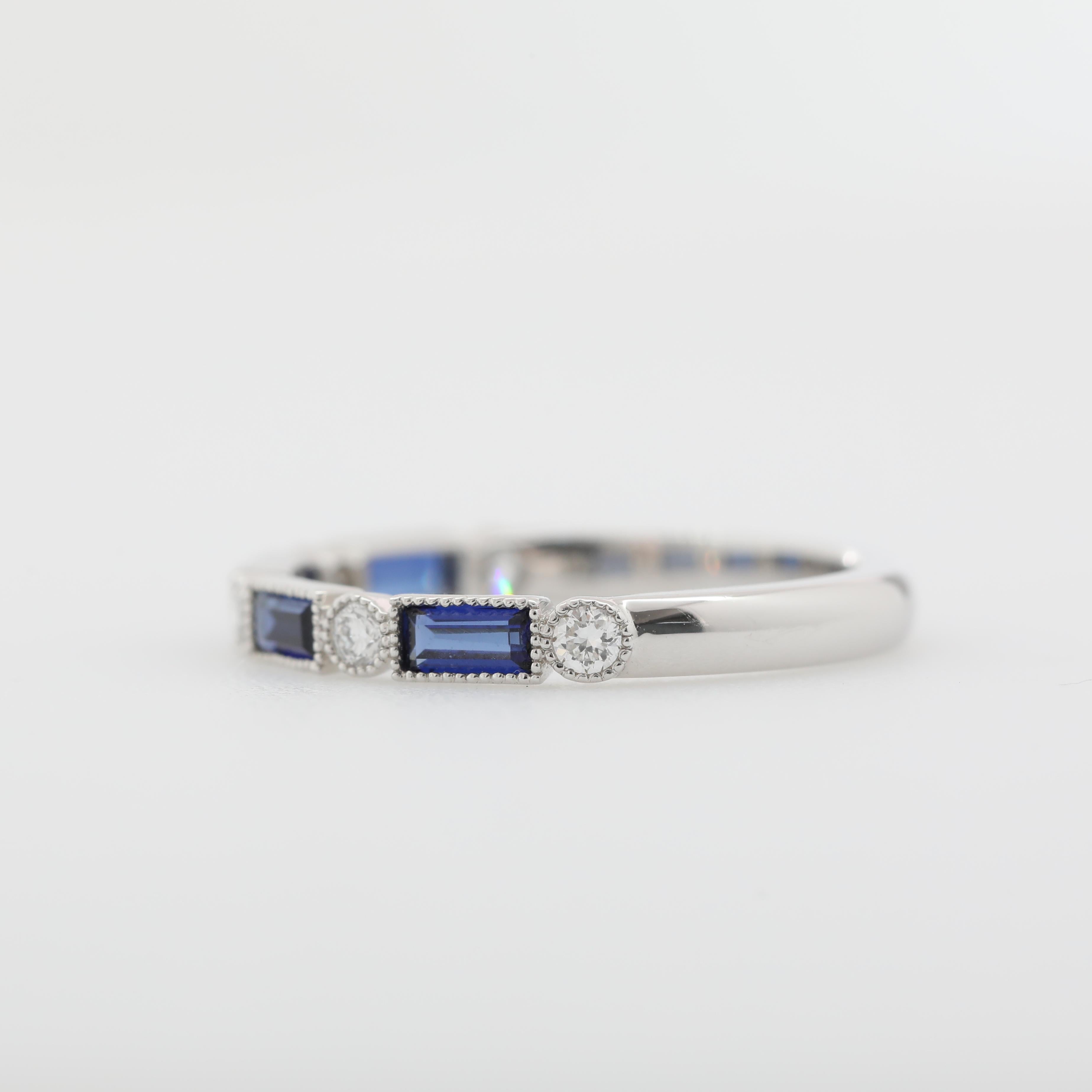 10K White Gold Baguette Lab Sapphire and Round Lab Diamond Half Eternity Ring - MMR