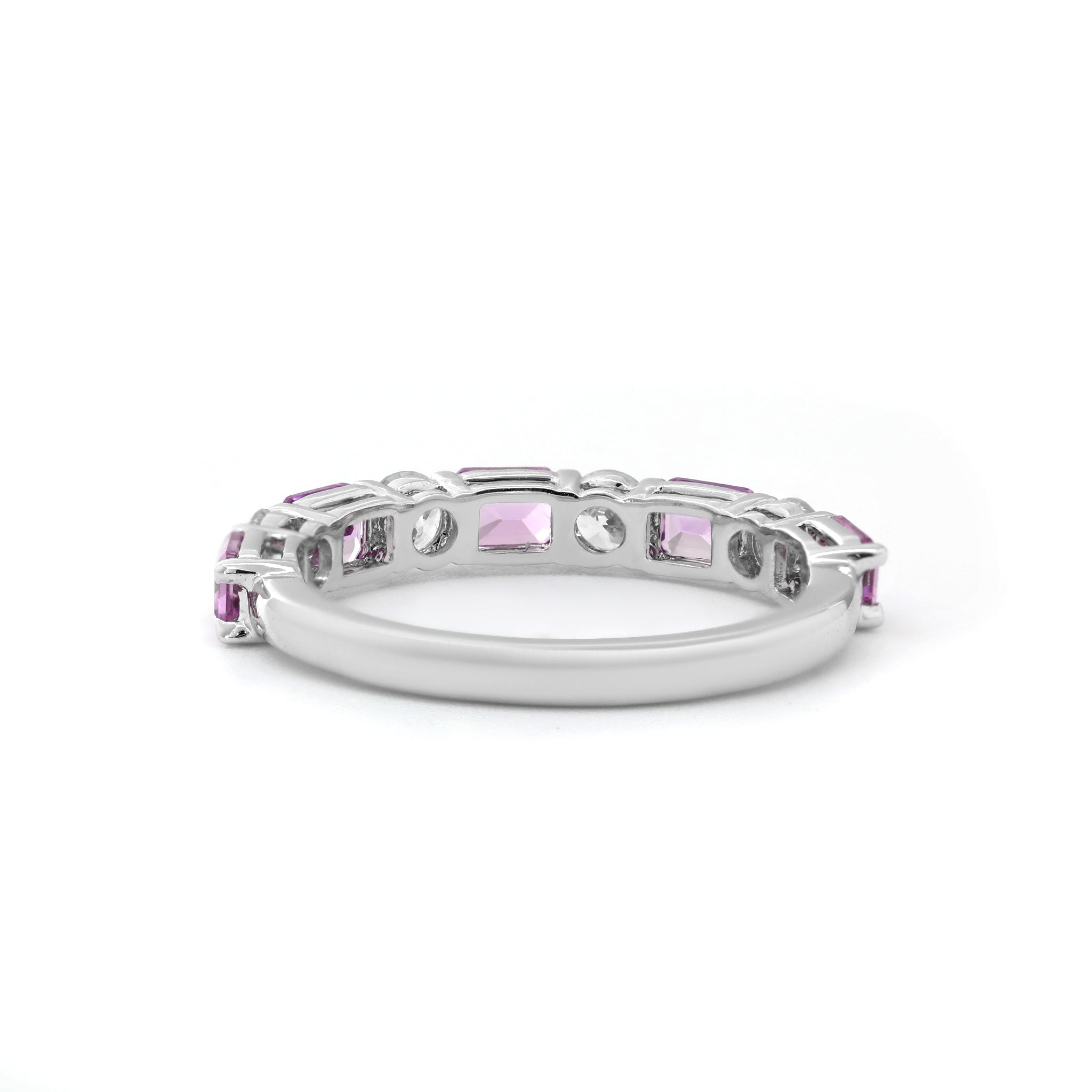 10K White Gold Round Cut Lab Diamond and Emerald Cut Pink Sapphire Half Eternity Ring - MMR