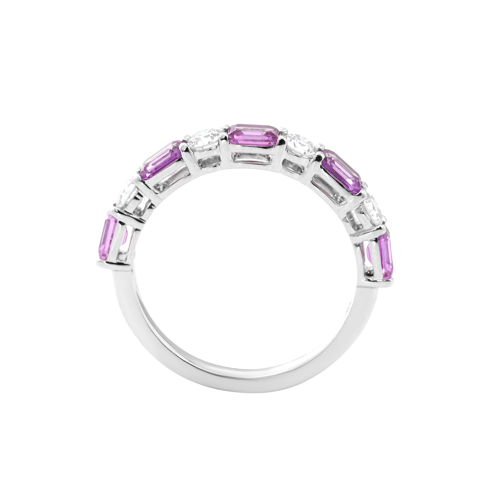 10K White Gold Round Cut Lab Diamond and Emerald Cut Pink Sapphire Half Eternity Ring - MMR