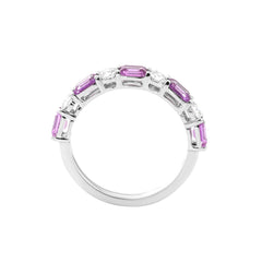 10K White Gold Round Cut Lab Diamond and Emerald Cut Pink Sapphire Half Eternity Ring - MMR