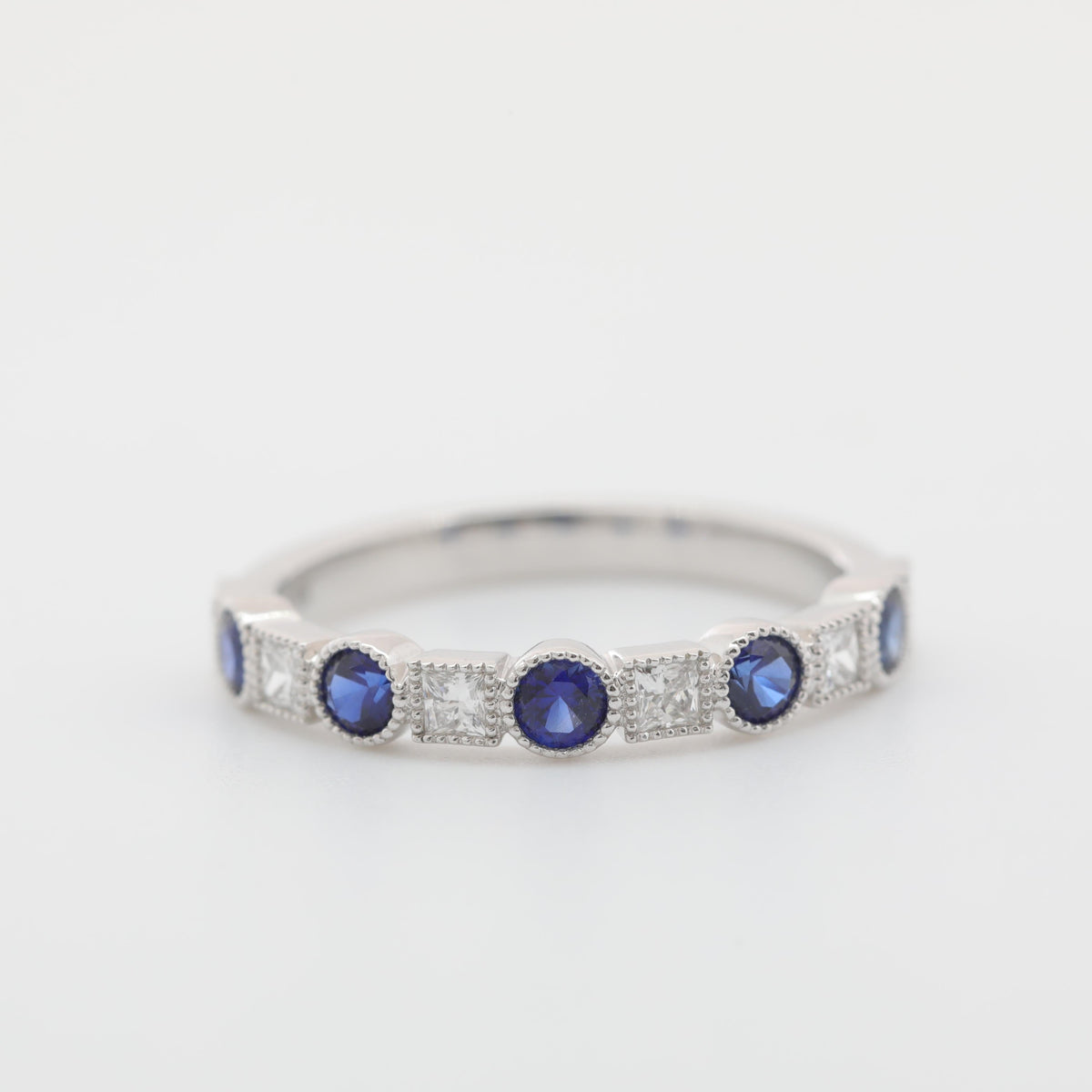 10K White Gold Round Lab Sapphire and Princess Cut Lab Diamond Half Eternity Ring - MMR