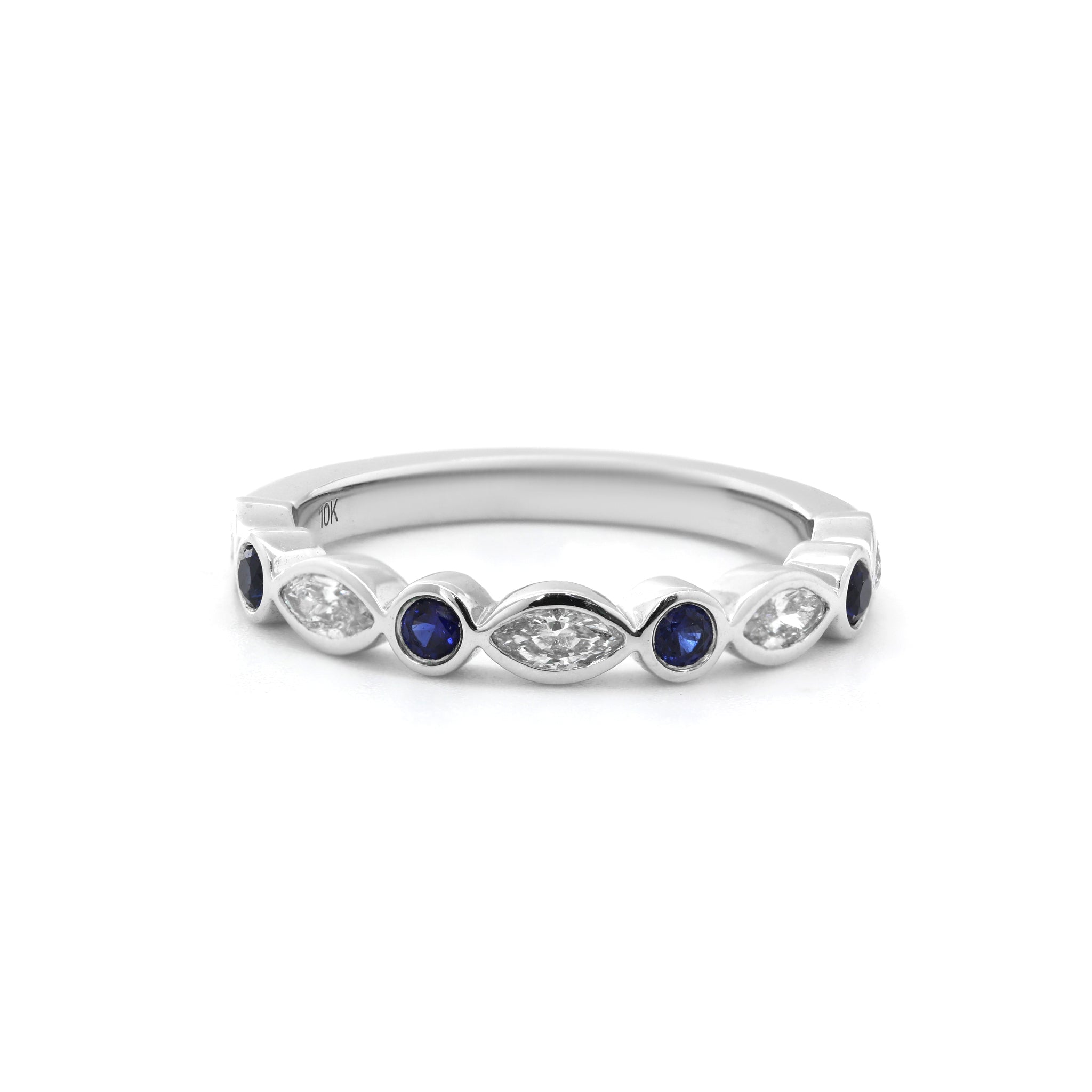 10K White Gold Round Lab Sapphire & Marquise Lab Diamond Bezel Set Half Eternity Band - MMR