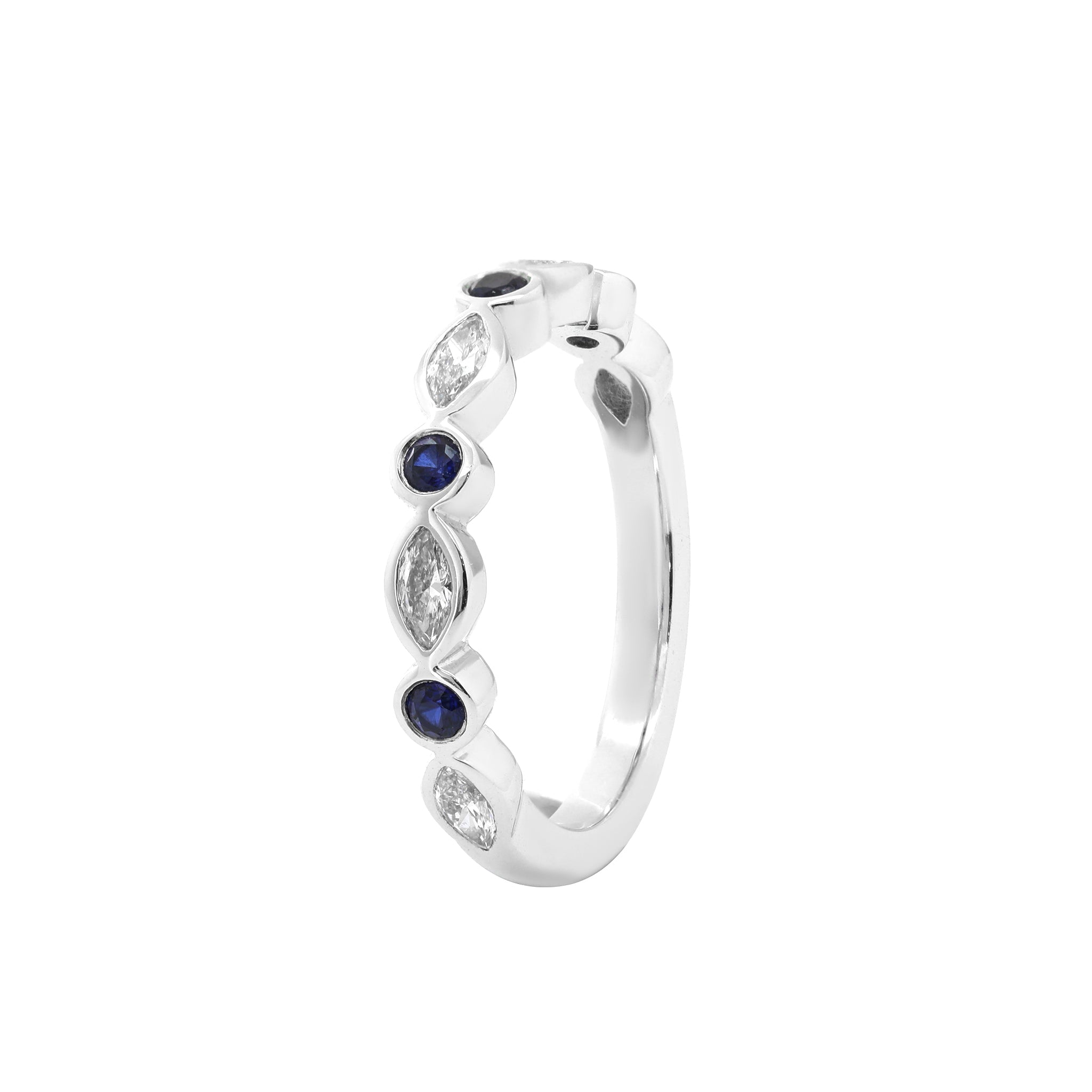 10K White Gold Round Lab Sapphire & Marquise Lab Diamond Bezel Set Half Eternity Band - MMR